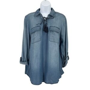 C. Est 1946 Top Women Sz L Blue Lace Up Tassel Boho Chambray Western Cowgirl NEW